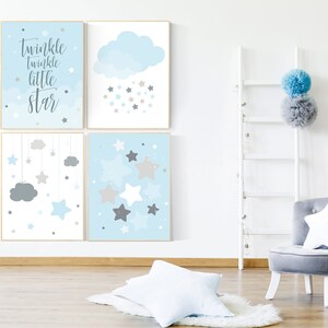 Twinkle Twinkle Little Star, Baby boy nursery decor, Blue gray nursery, boys room wall art, baby room prints, moon and star nursery, cloud