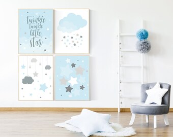 Blue Gray Nursery Prints: Moon, Star, Cloud, Set of 4
