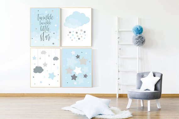 Twinkle Twinkle Little Star, Baby boy nursery decor, Blue gray nursery, boys room wall art, baby room prints, moon and star nursery, cloud