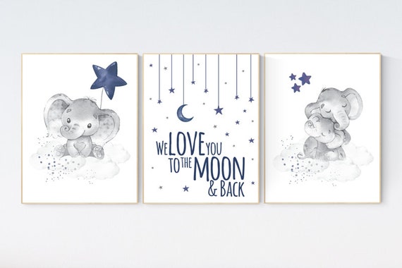 Nursery decor boy elephant, navy nursery decor, we love you to the moon and back, moon and stars, navy blue nursery art, elephant nursery