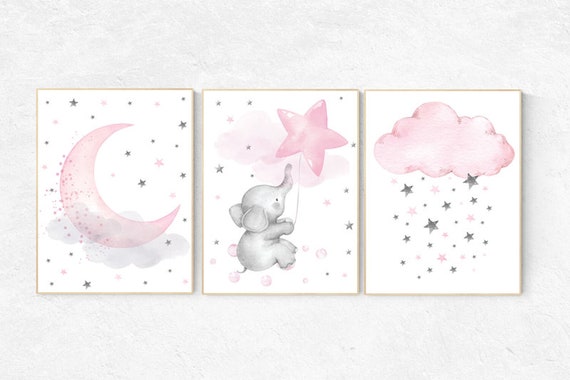 Nursery decor girl pink and gray, elephant nursery, nursery decor girl pink, pink and grey, cloud and stars, pink nursery, pink gray nursery