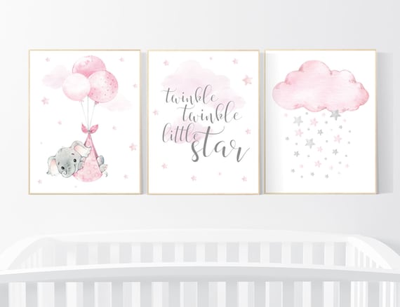 Nursery decor elephant, baby room decor girl, nursery wall art elephant, pink gray, nursery prints elephant, twinkle twinkle little star