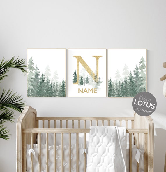 Nursery decor mountain, nursery wall art, tree nursery decor, adventure theme nursery, forest, sage green, beige, woodland animals