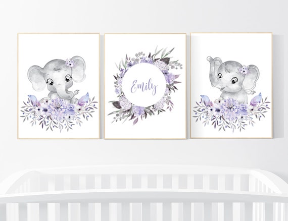 Purple nursery girl, Boho baby room, nursery wall art elephant, nursery decor girl, nursery decor girl floral, lilac nursery decor, lavender