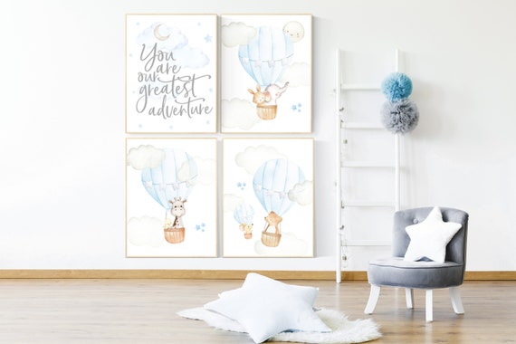 Nursery decor boy woodland animals, you are our greatest adventure hot air balloon, elephant, giraffe, bear, bunny, boy nursery, baby blue