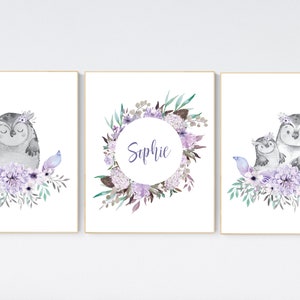 Purple teal nursery, Boho baby room, nursery wall art owl, nursery decor girl, nursery decor girl floral, lilac nursery decor, lavender