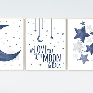 Nursery decor boy navy blue, Nursery wall art boy, navy nursery decor, moon and stars, we love you to the moon and back, nursery prints boy