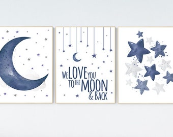 Navy Blue Nursery Prints: Moon, Stars, 'We Love You' Art