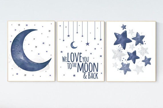 Nursery decor boy navy blue, Nursery wall art boy, navy nursery decor, moon and stars, we love you to the moon and back, nursery prints boy