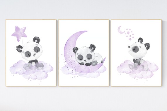Nursery decor girl, panda nursery, purple gray nursery wall art, panda nursery print, nursery decor animal, lilac, lavender, burgundy