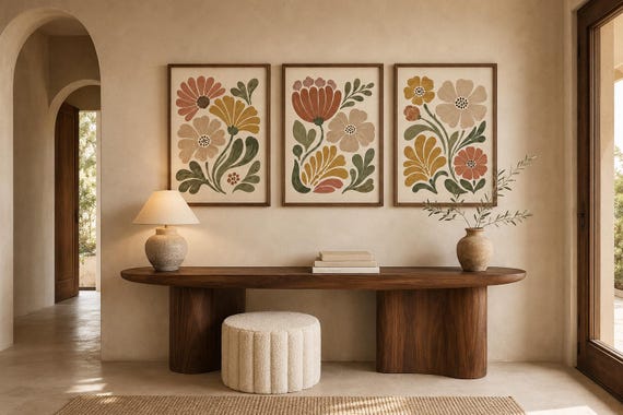 Earth Tone Floral Wall Art Set of 3, Boho Flower Prints, Neutral Nursery Decor