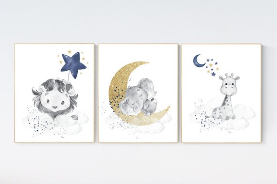 Lion, elephant and giraffe, Navy gold nursery decor, moon and stars, navy gold nursery art. baby room wall art, boy nursery decor, set of 3
