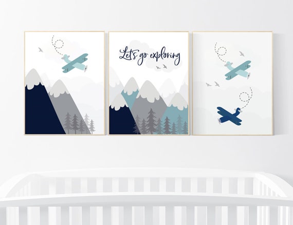 Adventure nursery decor, nursery decor boy adventure, nursery decor boy airplane, let's go exploring, mountain nursery, navy teal