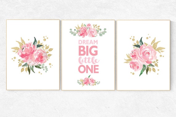 Nursery decor girl pink roses, nursery decor flower, pink and gold nursery, nursery decor girl floral, flower nursery, dream big little one