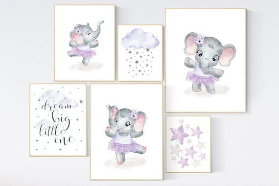Ballerina elephant, baby room decor girl lavender,, Elephant nursery art, nursery prints girl, nursery print, purple, lilac, ballet theme