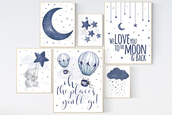 Nursery decor boy elephant, nursery wall art boy, navy Blue, cloud and stars, navy nursery, boy nursery decor, hot air balloon nursery art