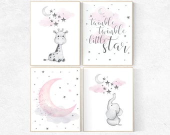Pink Elephant Nursery Prints: Moon, Stars, Giraffe Wall Art