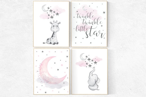 Girl nursery decor elephant, girl nursery wall decor, nursery wall art girl, giraffe nursery, Pink and gray nursery, moon and stars nursery