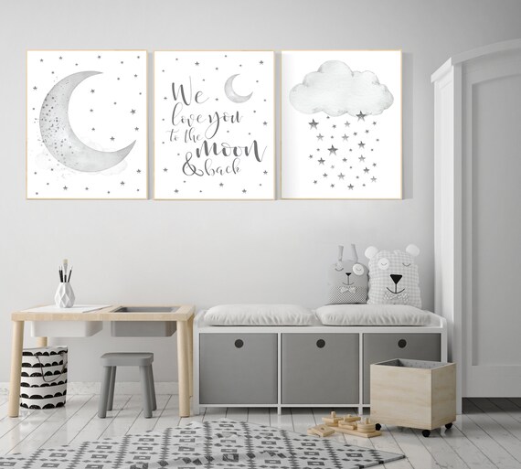 Nursery wall art grey, gray nursery, nursery decor neutral, baby room decor gender neutral, moon and stars, grey nursery decor baby room art