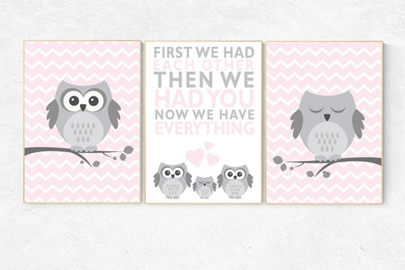 Nursery decor girl, owl nursery, Owl nursery wall art, pink nursery decor, pink gray, owl room decor, owl nursery decor girls, owl prints