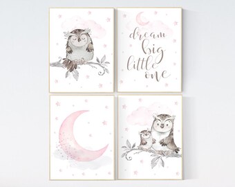 Nursery decor girl owl, Owl print for nursery, dream big little one, owl nursery decor, pink and gray, nursery ideas, pink nursery decor