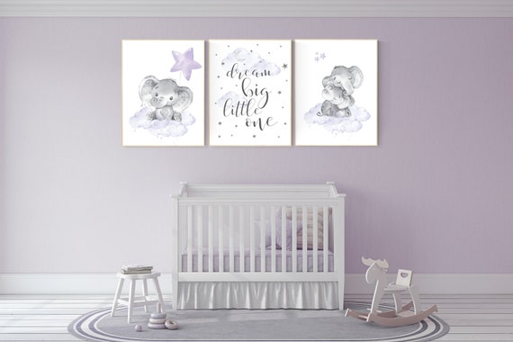Elephant Nursery Decor: Purple Moon, Stars Art Prints