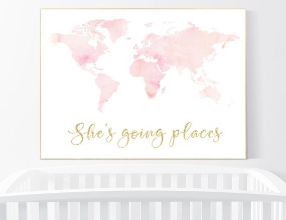 Blush pink watercolor world map, Nursery baby girl room, nursery wall art map, blush nursery, nursery decor girl map print, girl room decor