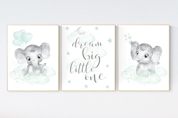Nursery wall art gender neutral, nursery decor neutral, mint green nursery, elephant nursery decor, mint green elephant animal print nursery