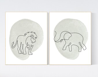 Nursery wall art animals, line art, animal nursery, gender neutral nursery, neutral nursery, sage nursery, lion, elephant