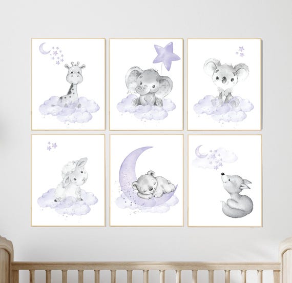 Nursery decor girl animals, purple nursery, lilac, elephant, bear, giraffe, fox, koala, animal nursery, lilac nursery, animal nursery prints