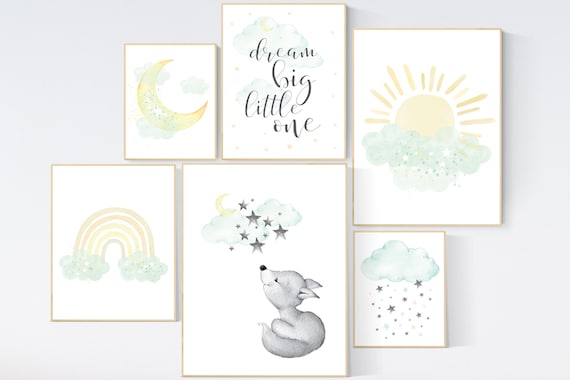 Mint and yellow nursery, moon and stars nursery, gender neutral nursery, dream big little one, rainbow, sun, fox nursery art, mint yellow