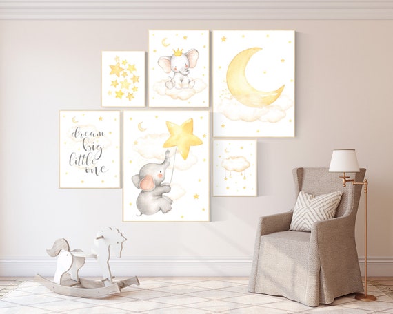 Nursery decor elephant, nursery wall art neutral, twinkle twinkle little star, baby wall art elephant, baby room decor, moon and stars