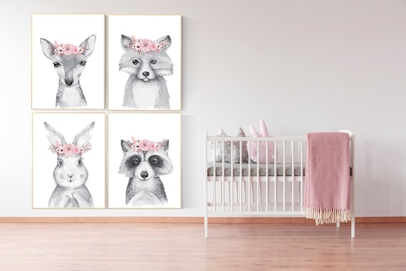 Nursery decor girl woodland animals, nursery decor girl boho, nursery decor girl flower, floral, animal prints for girls, bunny flower, boho