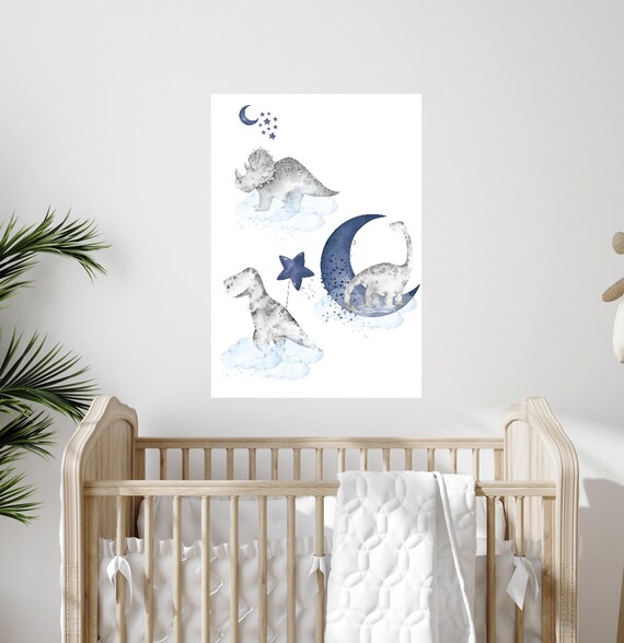 Canvas Listing: Blue Dinosaur Nursery Prints, Boys Room Wall Art, Watercolor Dino Nursery Decor, Moon and Stars Dinosaur Art