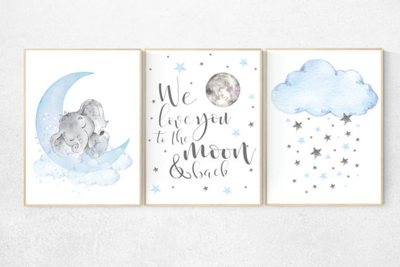 Blue and gray, Nursery decor boy, nursery decor, boys room decor, we love you to the moon and back , clouds and stars, blue grey nursery