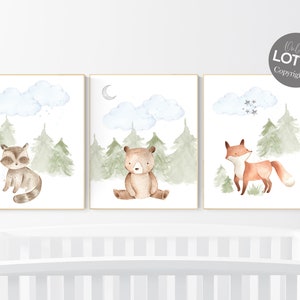 Juego de láminas infantiles con animales del bosque: decoración de bosque en acuarela