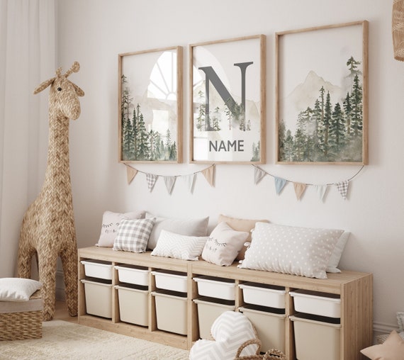 Nursery decor mountain, nursery wall art, tree nursery decor, adventure theme nursery, forest, sage green, beige, woodland animals