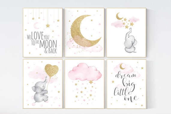 We love you to the moon and back, giraffe elephant, Pink gold nursery, girl room wall art, moon nursery, Nursery decor girl, baby room print