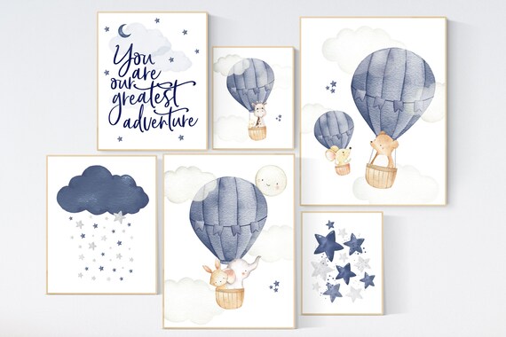 Nursery decor boy neutral, nursery decor boy travel, you are our greatest adventure hot air balloon, nursery wall art animals, moon and star