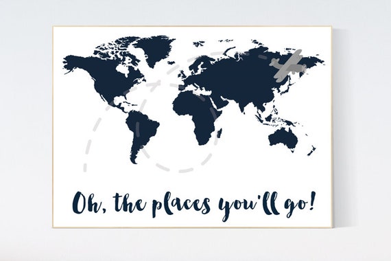 Oh the places you'll go, navy blue wall art, navy nursery, travel nursery, nursery decor boys, world map nursery, navy nursery, navy gray