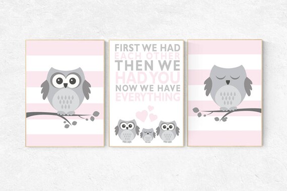 First we had each other then we had you, Owl nursery wall art, pink nursery decor, pink gray, owl room decor, owl nursery decor girls, baby