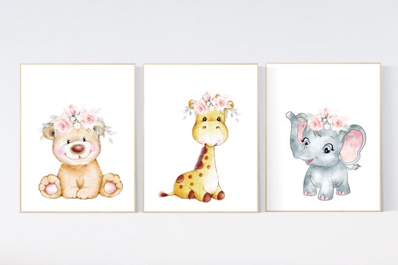 Nursery decor floral jungle, nursery decor animals, Nursery wall art girl elephant, giraffe, bear, pink, purple, girl nursery wall decor