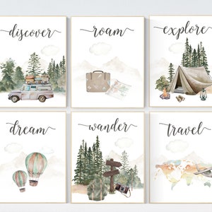 Travel nursery print, Explore nursery wall art, Baby boy nursery, Adventure Set of 6 prints, Camping Prints, Adventure Nursery Decor