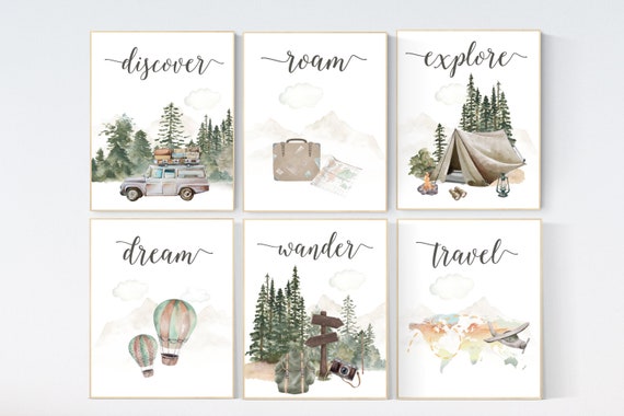 Travel nursery print, Explore nursery wall art, Baby boy nursery, Adventure Set of 6 prints, Camping Prints, Adventure Nursery Decor