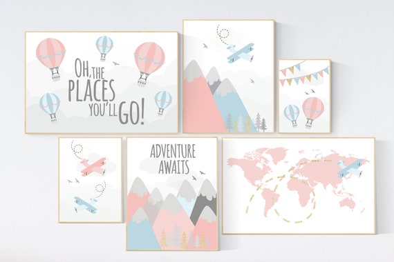 Mountain wall art for nursery, Coral blue gold nursery decor, coral nursery, nursery decor adventure, airplane, world map, adventure awaits