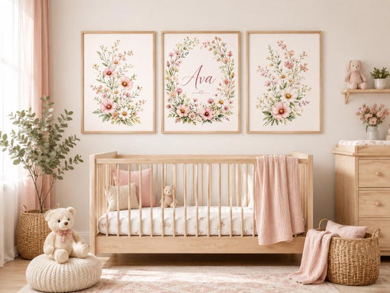 Personalized Floral Nursery Wall Art Set of 3, Pink Wildflower Baby Girl Room