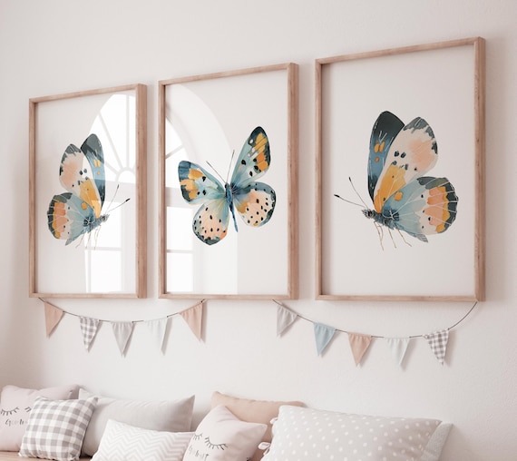 Teal Orange Butterfly Wall Art – Set of 3 Prints – Modern Watercolor butterfly Decor – Neutral Bedroom, Living Room, or Nursery Decor