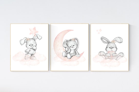 Nursery wall art bunny, blush nursery decor, Nursery decor girl flower bunny, bunny print nursery girl, rabbit nursery, rabbit print nursery