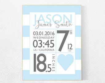 Birth stats, Personalized birth stats print, blue nursery decor, baby stats, Birth announcement wall art, baby name sign, baby room decor