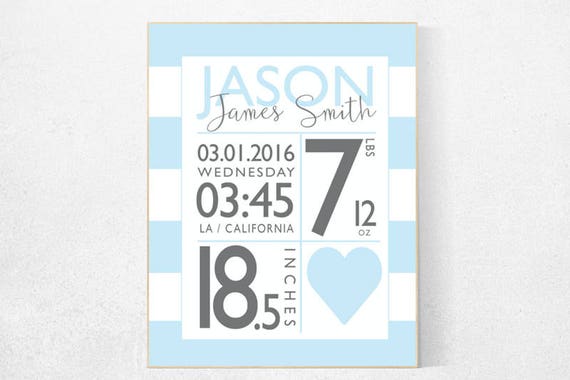 Birth stats, Personalized birth stats print, blue nursery decor, baby stats, Birth announcement wall art, baby name sign, baby room decor